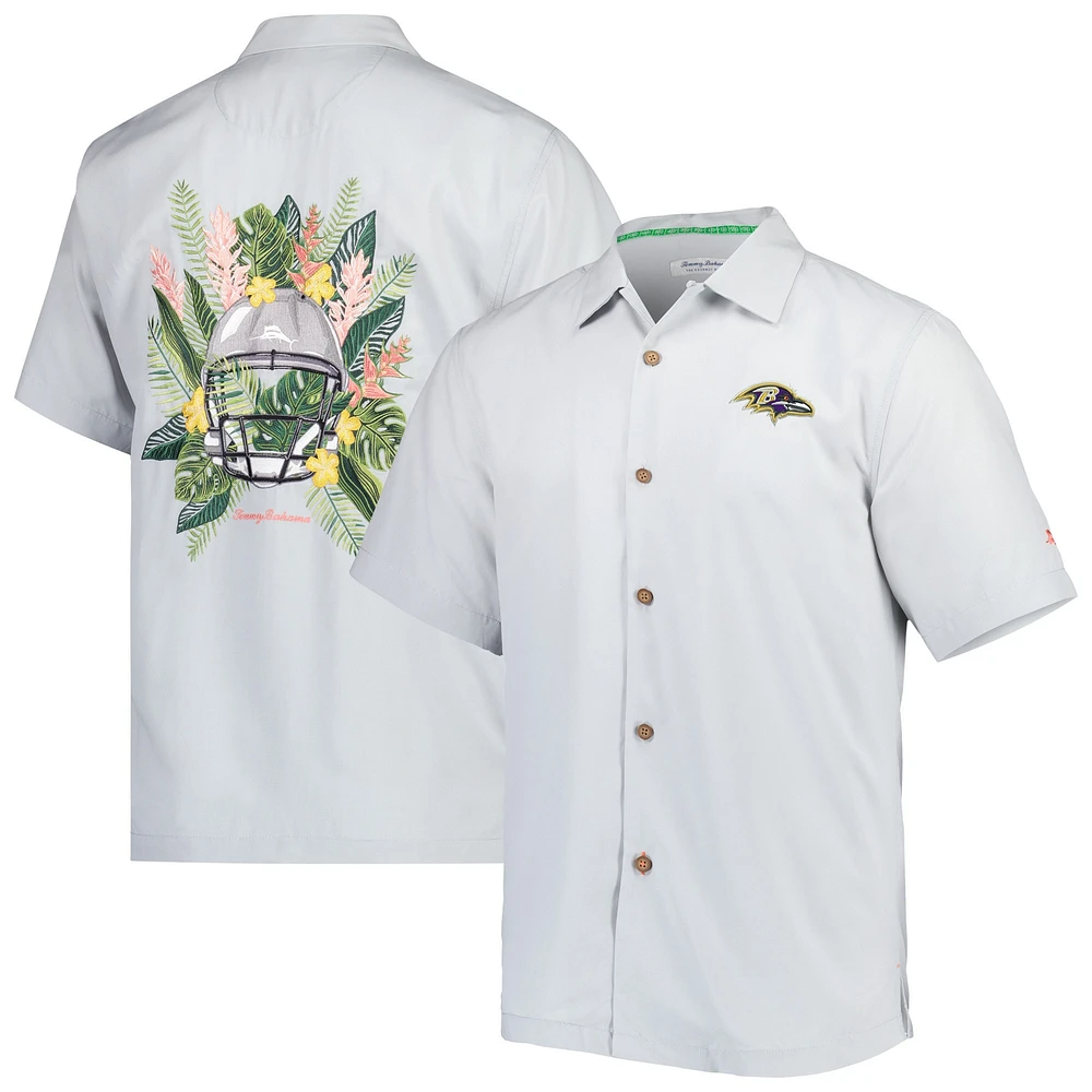 Men's Tommy Bahama Gray Baltimore Ravens Coconut Point Frondly Fan Camp IslandZone Button-Up Shirt