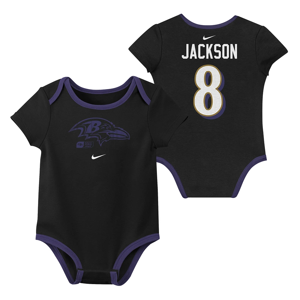 Ensemble de 3 bodies Nike pour nouveau-né et bébé avec nom numéro Lamar Jackson Baltimore Ravens