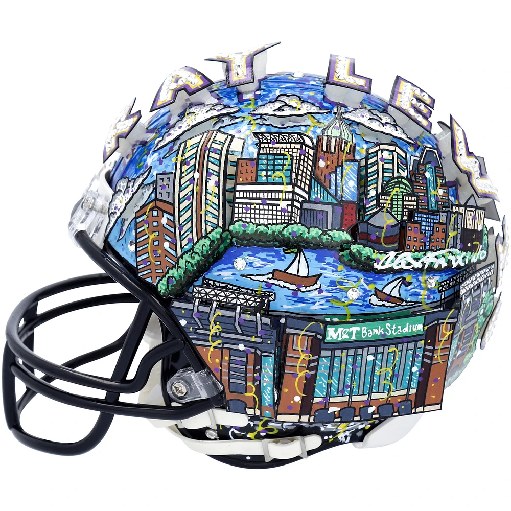 Casque miniature Riddell VSR4 autographié par Ray Lewis Baltimore Ravens avec inscription « HOF 18 » - Peint à la main par l'artiste Charles Fazzino