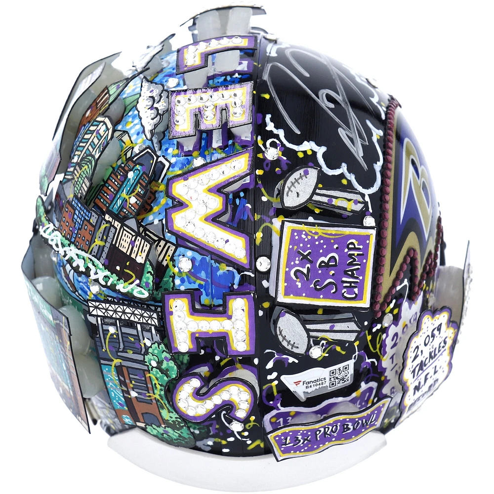 Casque miniature Riddell VSR4 autographié par Ray Lewis Baltimore Ravens avec inscription « HOF 18 » - Peint à la main par l'artiste Charles Fazzino