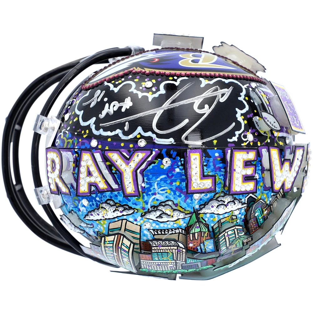 Casque miniature Riddell VSR4 autographié par Ray Lewis Baltimore Ravens avec inscription « HOF 18 » - Peint à la main par l'artiste Charles Fazzino