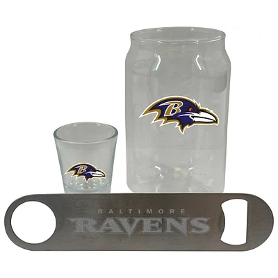 Ensemble de trois verres à bière Baltimore Ravens de The Memory Company, verre à liqueur de 2 oz et décapsuleur