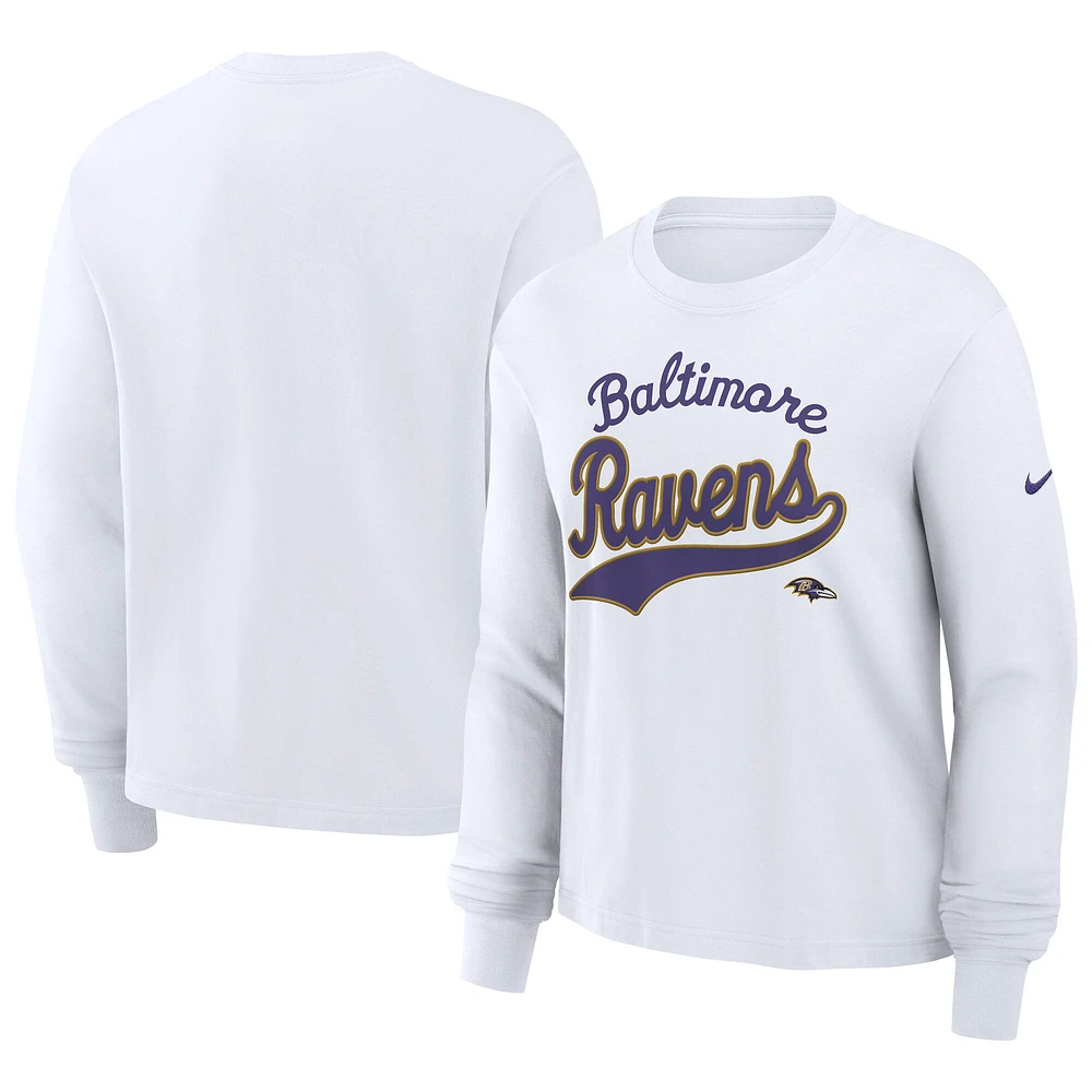 Women's Nike White Baltimore Ravens Essential Long Sleeve Boxy T-Shirt