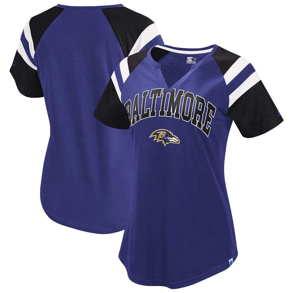 T-shirt violet à col raglan Game On Notch pour femme des Baltimore Ravens