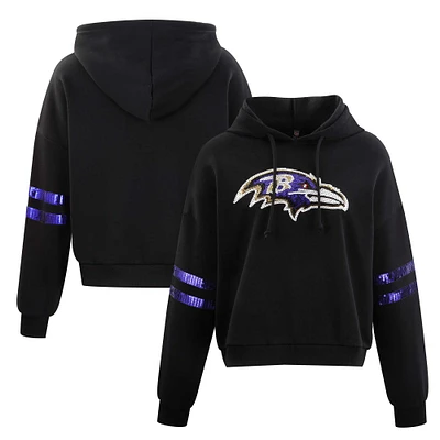 Sweat à capuche court paillettes Cuce Black Baltimore Ravens pour femme