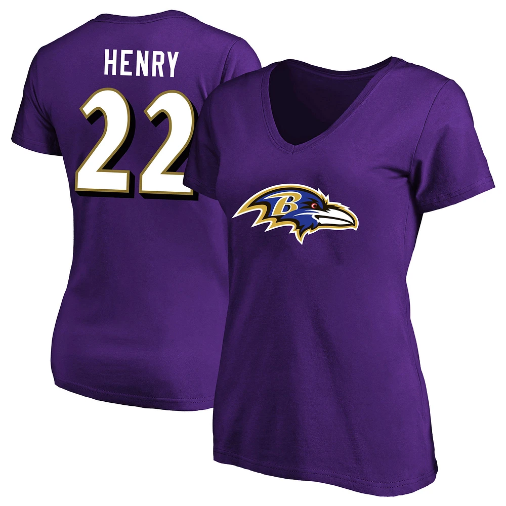 T-shirt à col rond violet pour femme Derrick Henry Baltimore Ravens avec nom et numéro Fair Catch