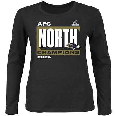 T-shirt à manches longues et col rond Conquer pour femme Fanatics Black Baltimore Ravens 2024 AFC North Division Champions Grande taille