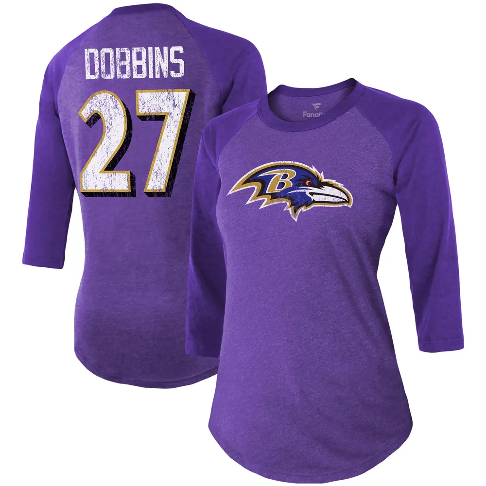 Lids J.K. Dobbins Baltimore Ravens Fanatics Branded Women's Team Player  Name & Number Tri-Blend Raglan 3/4-Sleeve T-Shirt - Purple
