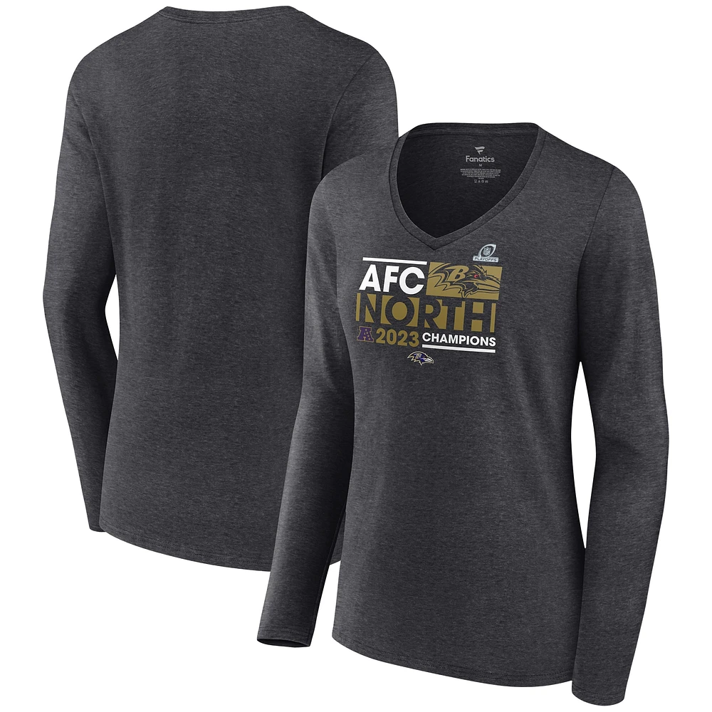 Women's Fanatics  Heather Charcoal Baltimore Ravens 2023 AFC North Division Champions Conquer Long Sleeve V-Neck T-Shirt