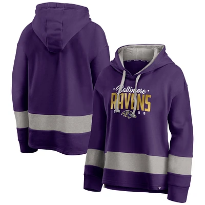 Women's Fanatics Purple/Gray Baltimore Ravens Huddle Up Fundamental Fleece Color Block Pullover Hoodie