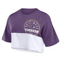 T-shirt court fendu de couleur carrée Fanatics violet/blanc Baltimore Ravens pour femmes