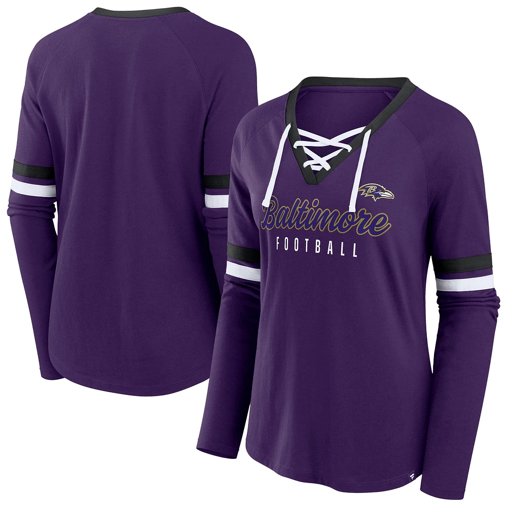 T-shirt à manches longues et col en V lacets pour femmes Fanatics Purple Baltimore Ravens grande taille Won & Done