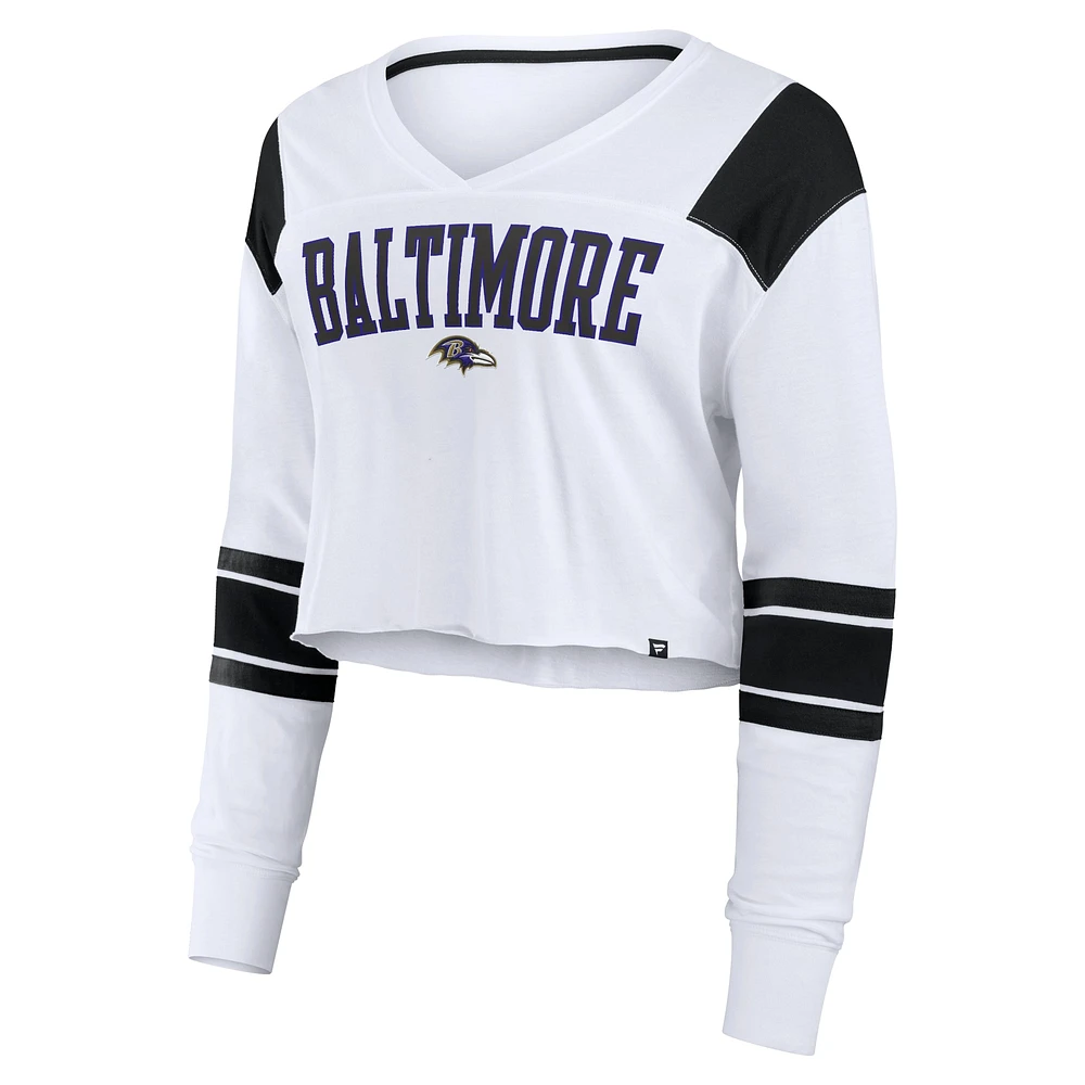 T-shirt à manches longues extensible et court pour femme Fanatics des Baltimore Ravens blanc