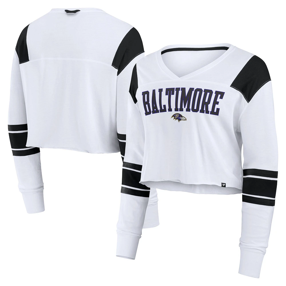 T-shirt à manches longues extensible et court pour femme Fanatics des Baltimore Ravens blanc