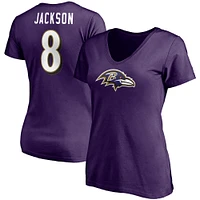 T-shirt à col en V violet pour femme avec nom et numéro de joueur des Ravens Baltimore Lamar Jackson