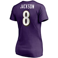 T-shirt à col en V violet pour femme avec nom et numéro de joueur des Ravens Baltimore Lamar Jackson