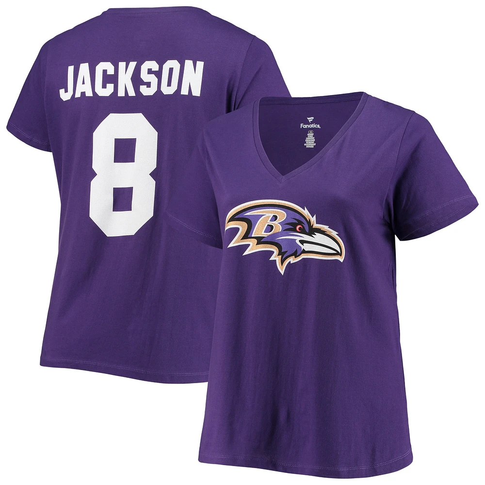 T-shirt à col en V avec nom et numéro de Lamar Jackson pour femmes, violet, Baltimore Ravens, grande taille, Fair Catch