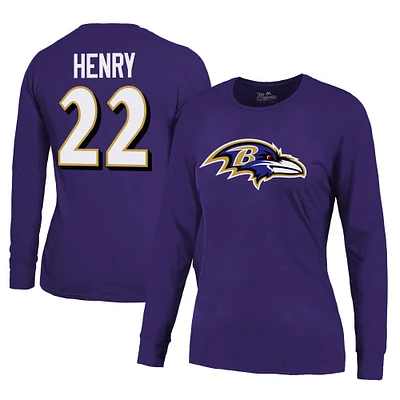 T-shirt à manches longues pour femmes Majestic Threads Derrick Henry violet Baltimore Ravens nom et numéro