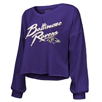 Women's Majestic Threads Derrick Henry Purple Baltimore Ravens Name & Number Off-Shoulder Script Cropped Long Sleeve V-Neck T-Shirt