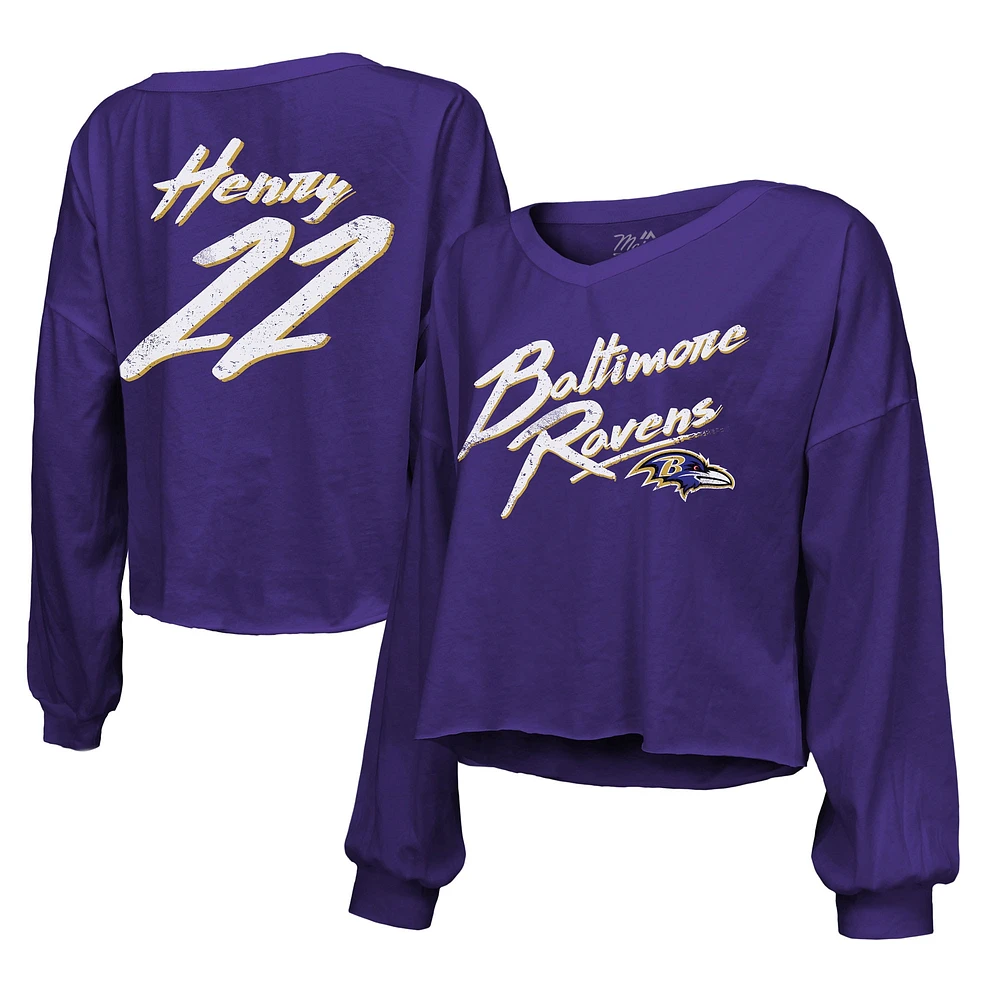 Women's Majestic Threads Derrick Henry Purple Baltimore Ravens Name & Number Off-Shoulder Script Cropped Long Sleeve V-Neck T-Shirt