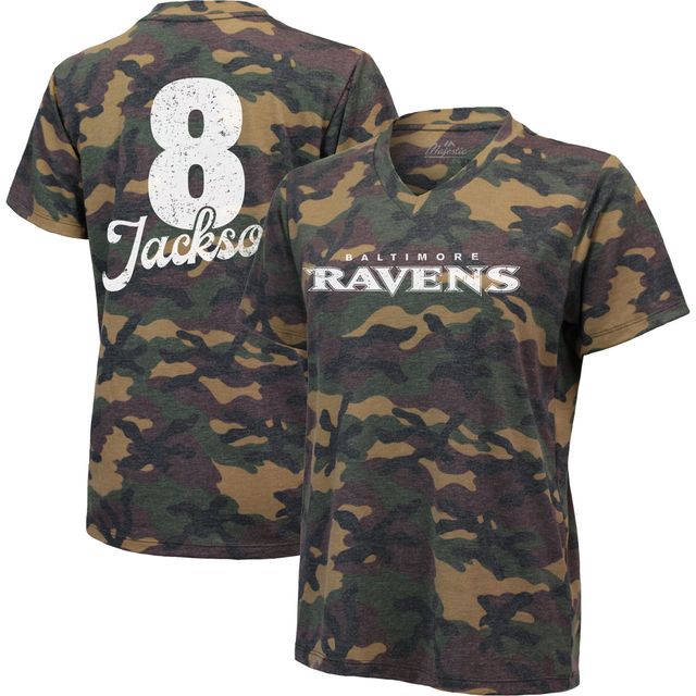 T-shirt tri-mélange à col en V pour femmes Majestic Threads Lamar Jackson Camo Baltimore Ravens Nom et numéro