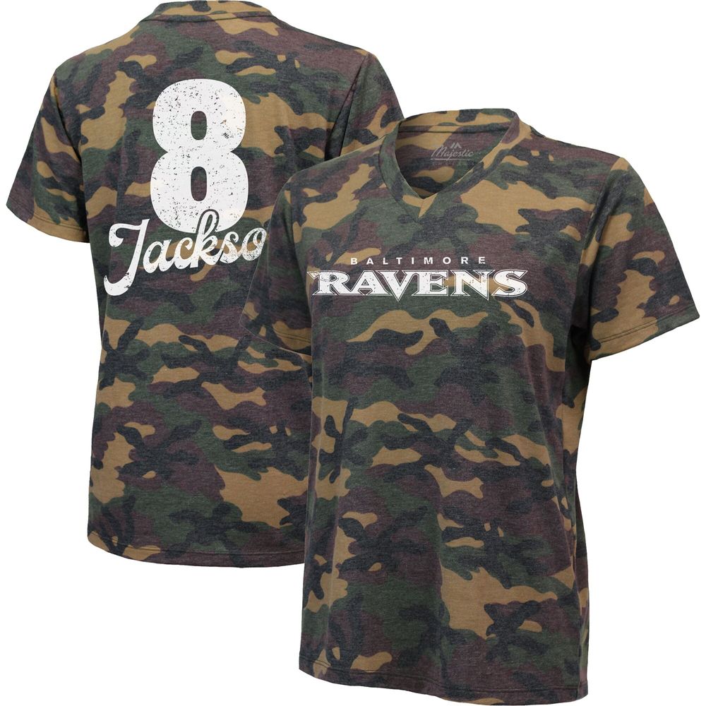 Women's Majestic Threads Lamar Jackson Camo Baltimore Ravens Name & Number V-Neck Tri-Blend T-Shirt