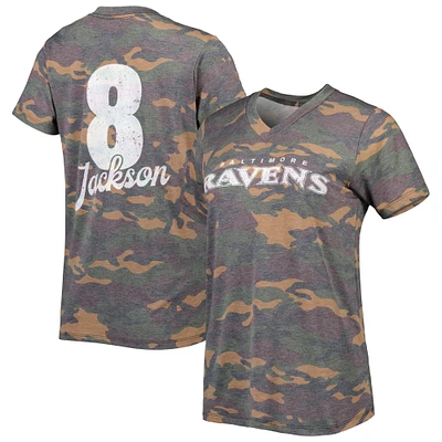 Women's Majestic Threads Lamar Jackson Camo Baltimore Ravens Name & Number V-Neck Tri-Blend T-Shirt