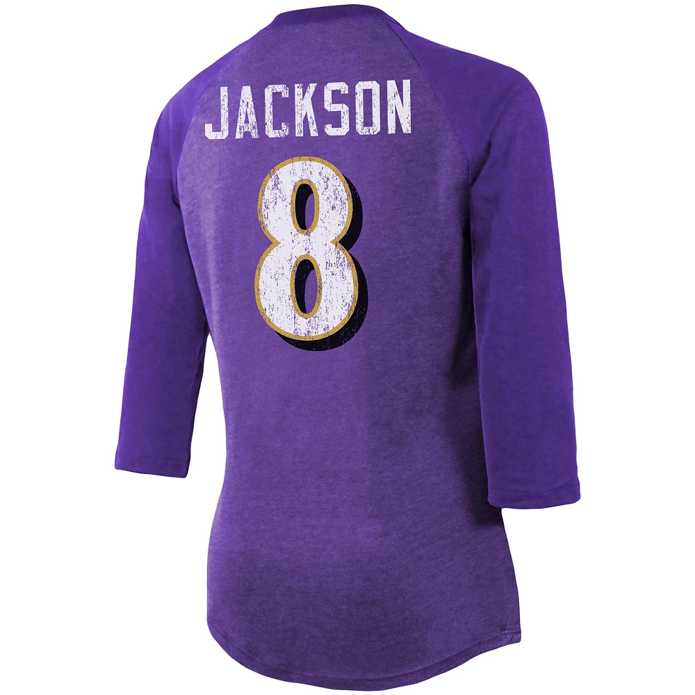 Majestic Threads Lamar Jackson Purple Baltimore Ravens Nom et numéro du joueur Tri-Blend T-shirt ajusté à manches 3/4 pour femmes