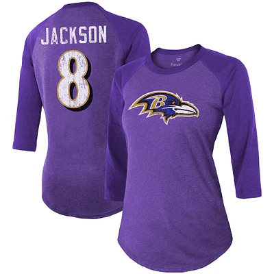 Majestic Threads Lamar Jackson Purple Baltimore Ravens Nom et numéro du joueur Tri-Blend T-shirt ajusté à manches 3/4 pour femmes