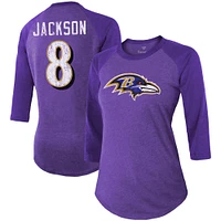Majestic Threads Lamar Jackson Purple Baltimore Ravens Nom et numéro du joueur Tri-Blend T-shirt ajusté à manches 3/4 pour femmes