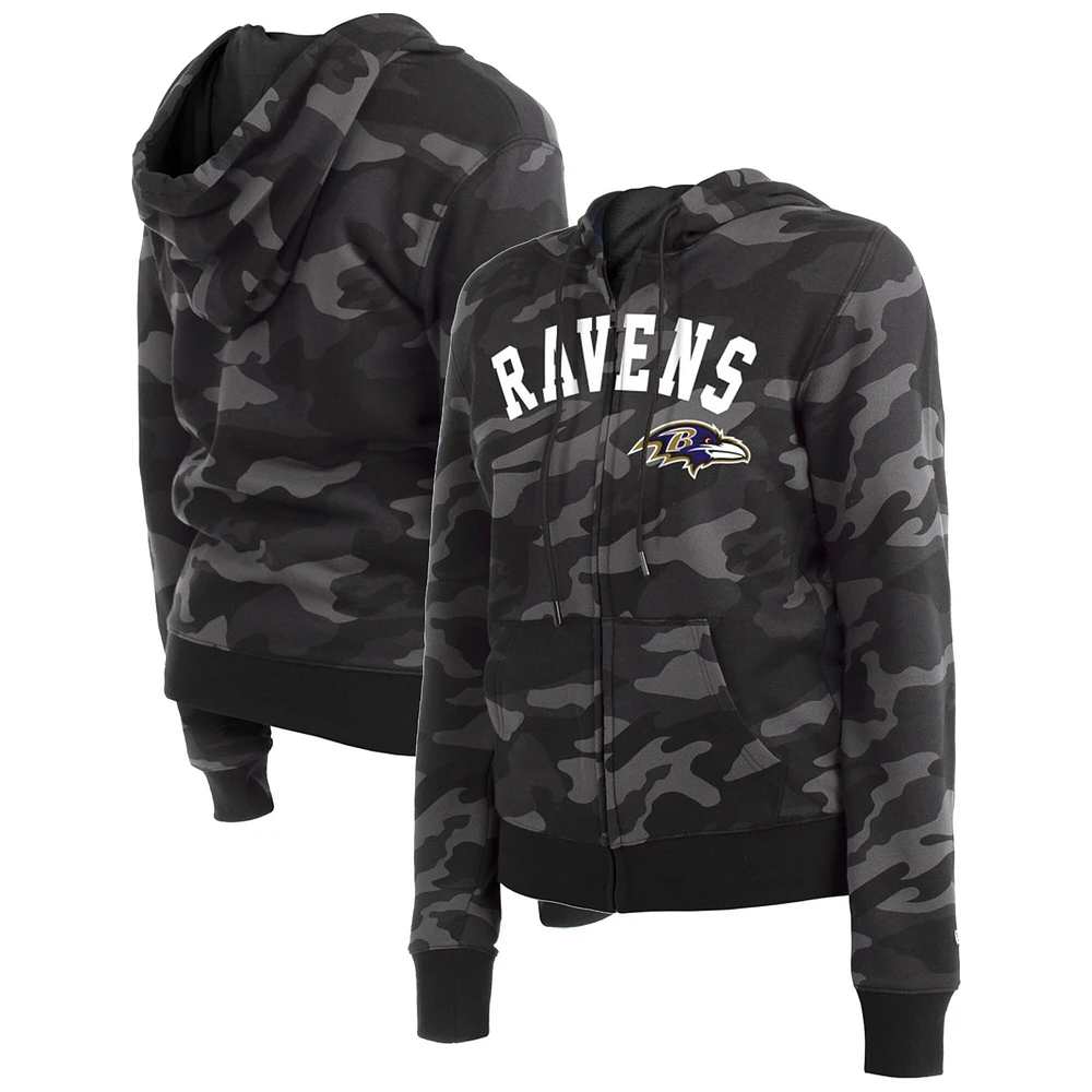 Sweat à capuche noir avec fermeture éclair et camouflage des Ravens de Baltimore New Era pour femme