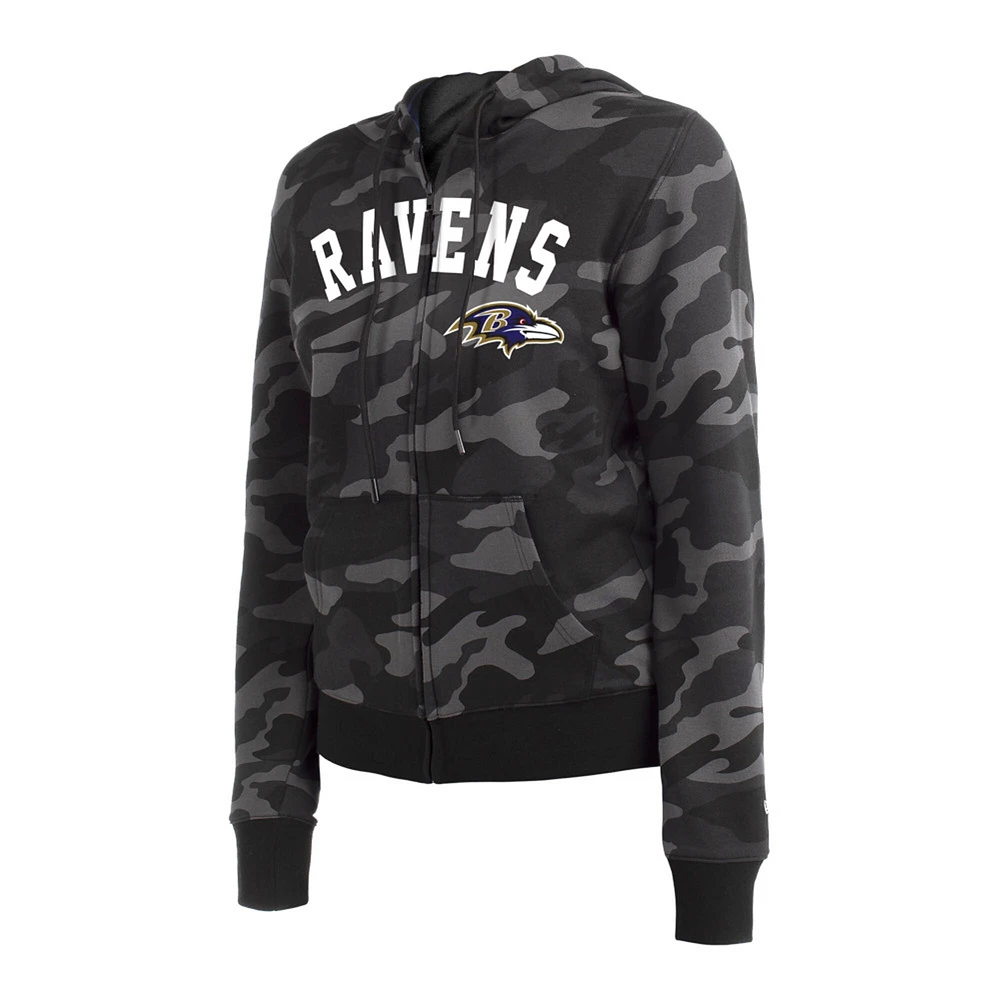 Sweat à capuche noir avec fermeture éclair et camouflage des Ravens de Baltimore New Era pour femme