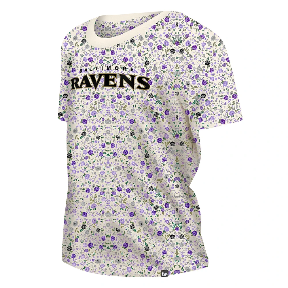 Women's New Era Cream Baltimore Ravens Glam Game Floral T-Shirt