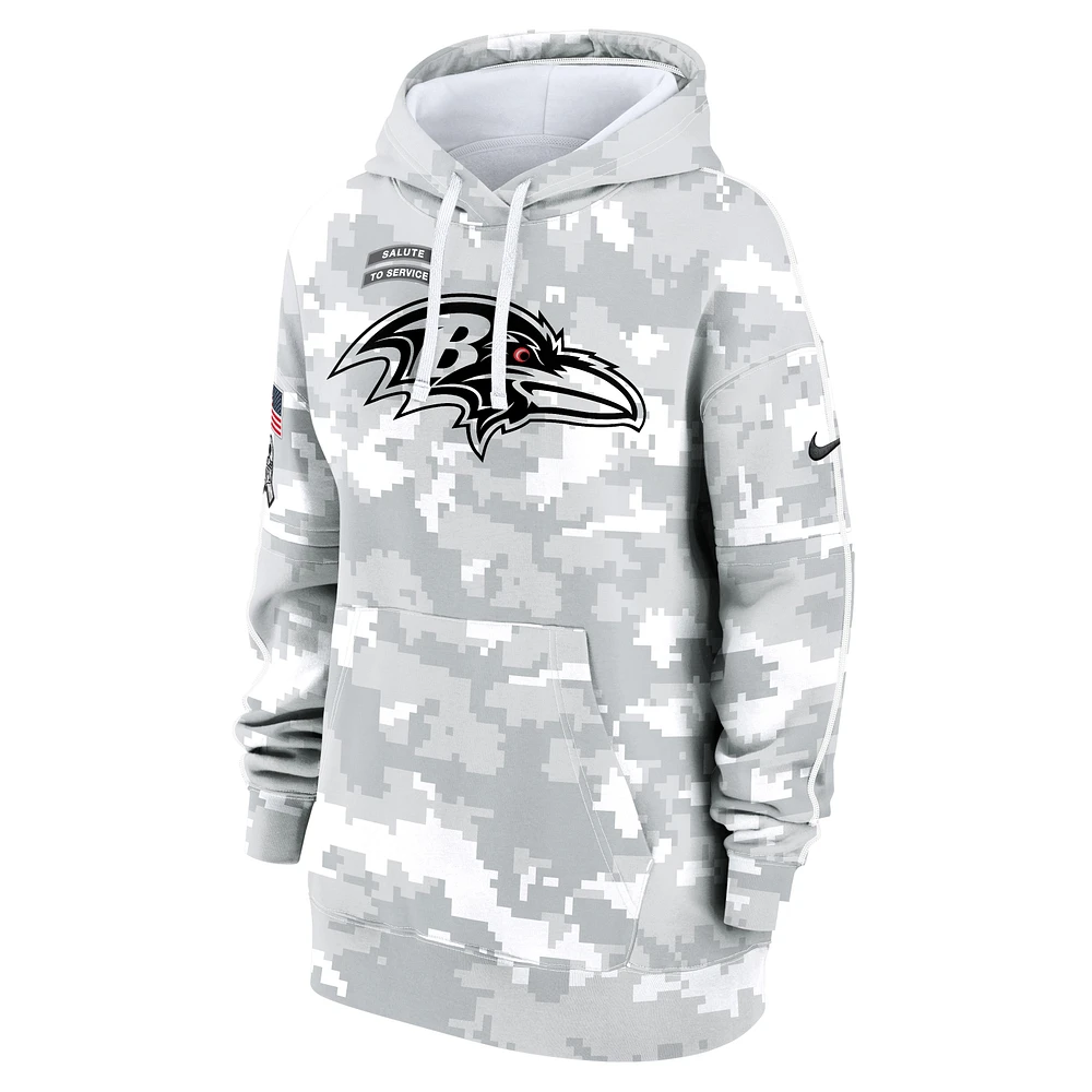 Women's Nike Arctic Camo Baltimore Ravens 2024 Salute To Service Club Fleece Oversized Pullover Hoodie