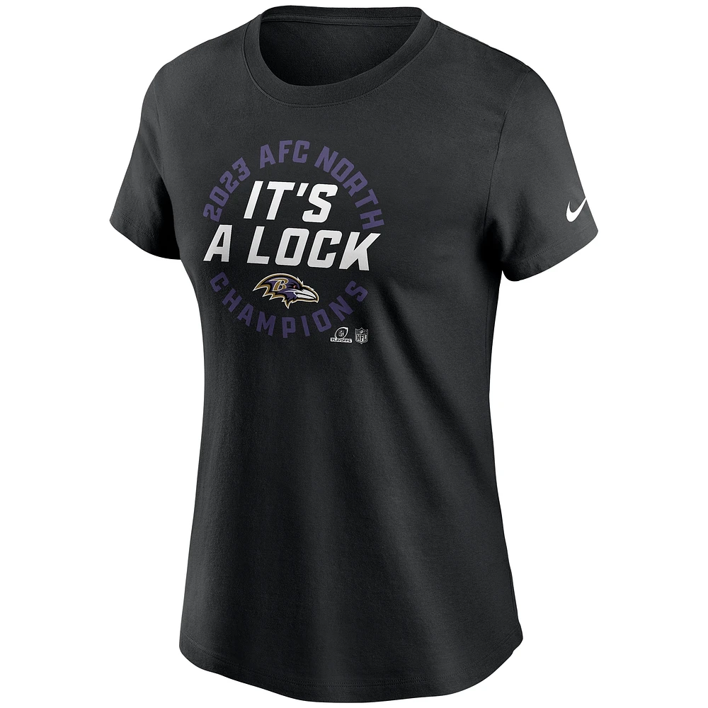 T-shirt Nike noir Baltimore Ravens 2023 AFC Division Nord Champions Locker Room Trophy Collection pour femme