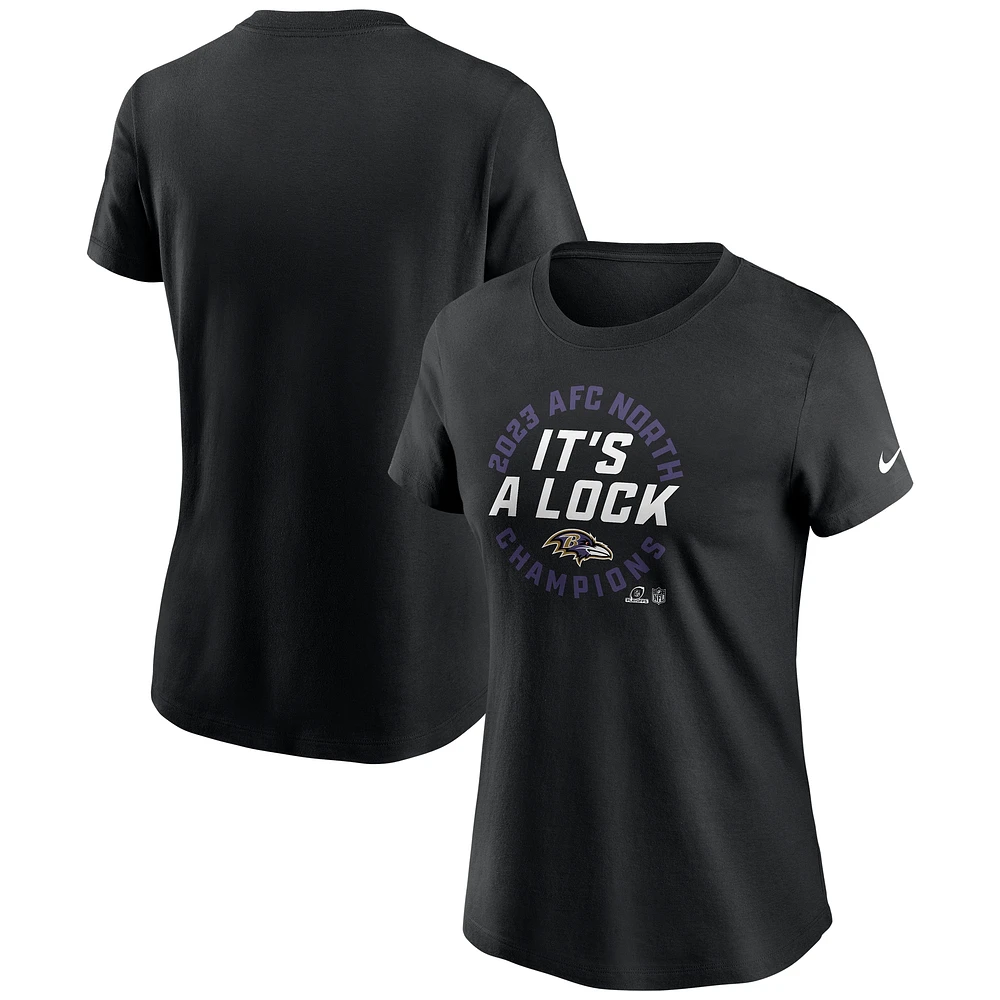 T-shirt Nike noir Baltimore Ravens 2023 AFC Division Nord Champions Locker Room Trophy Collection pour femme