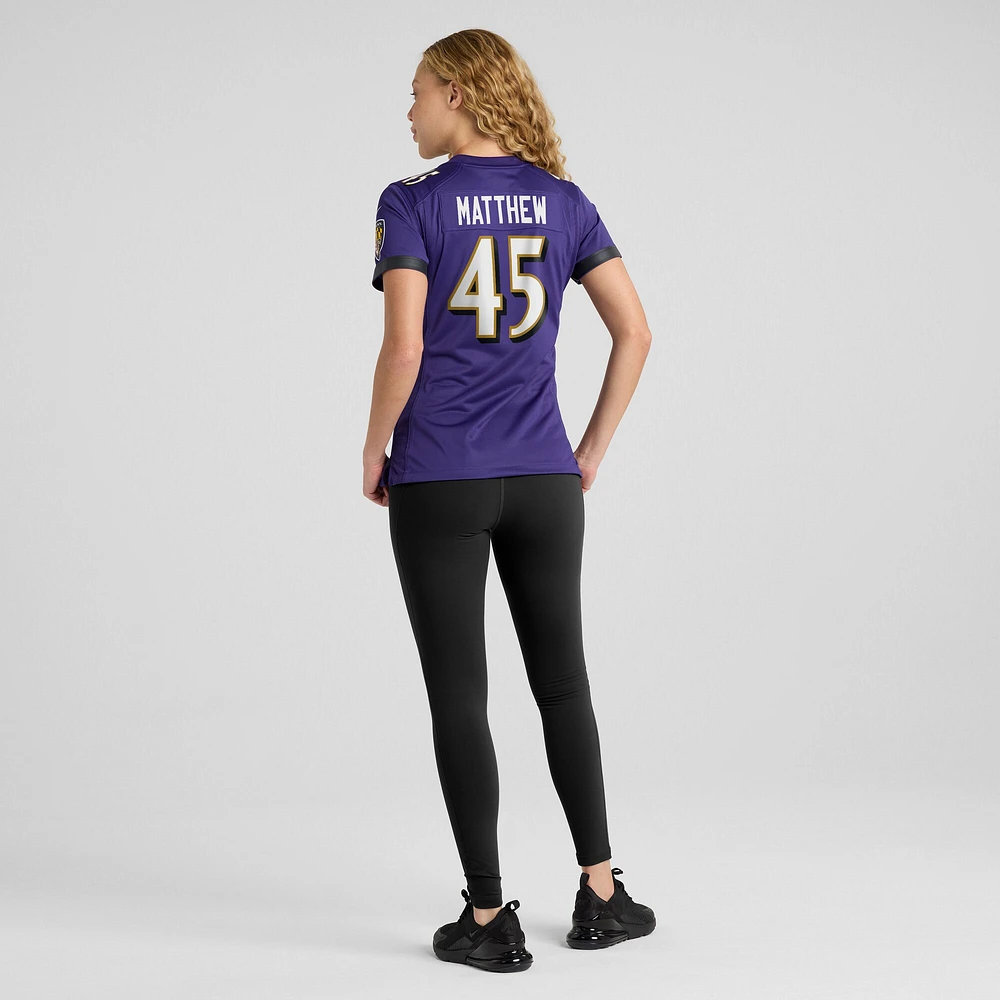 Maillot de match Nike Christian Matthew violet pour femme des Baltimore Ravens