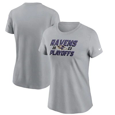 T-shirt emblématique Nike gris Baltimore Ravens 2023 NFL Playoffs pour femme