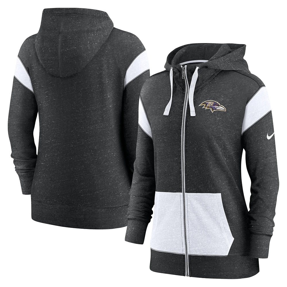 Sweat à capuche léger entièrement zippé pour femme Nike Baltimore Ravens Monaco noir chiné/blanc