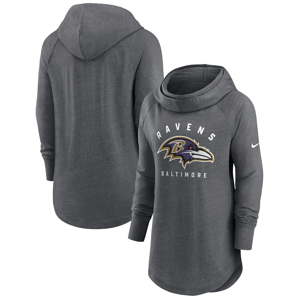 Women's Nike Heather Charcoal Baltimore Ravens Raglan Funnel Neck Pullover Hoodie