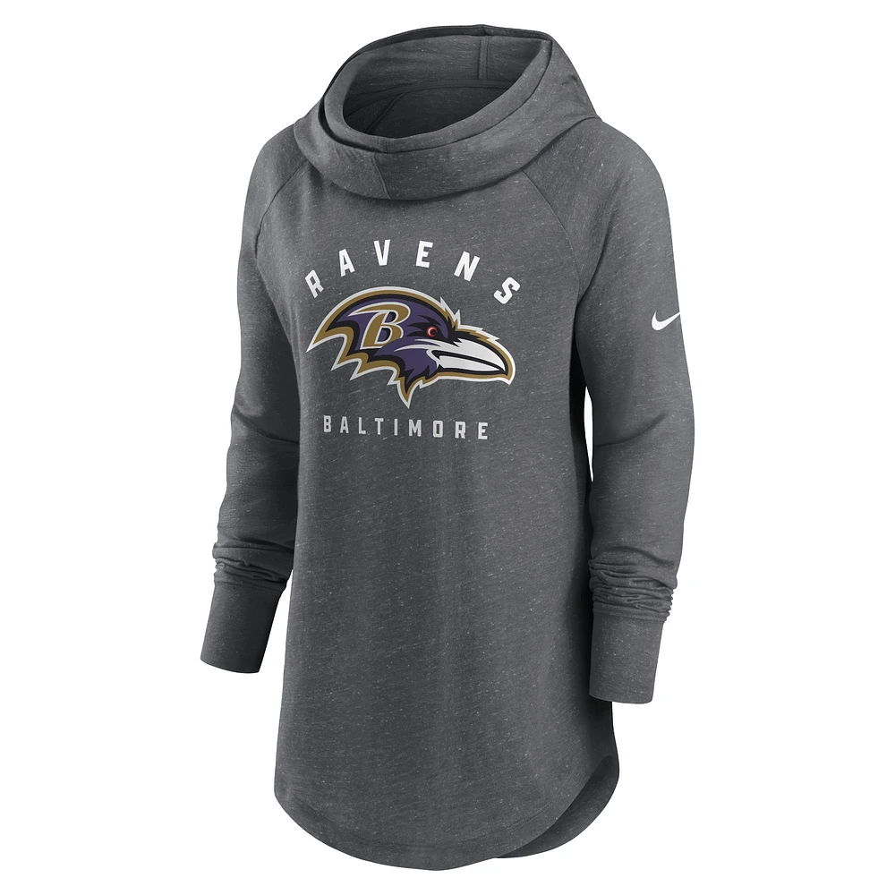 Women's Nike Heather Charcoal Baltimore Ravens Raglan Funnel Neck Pullover Hoodie
