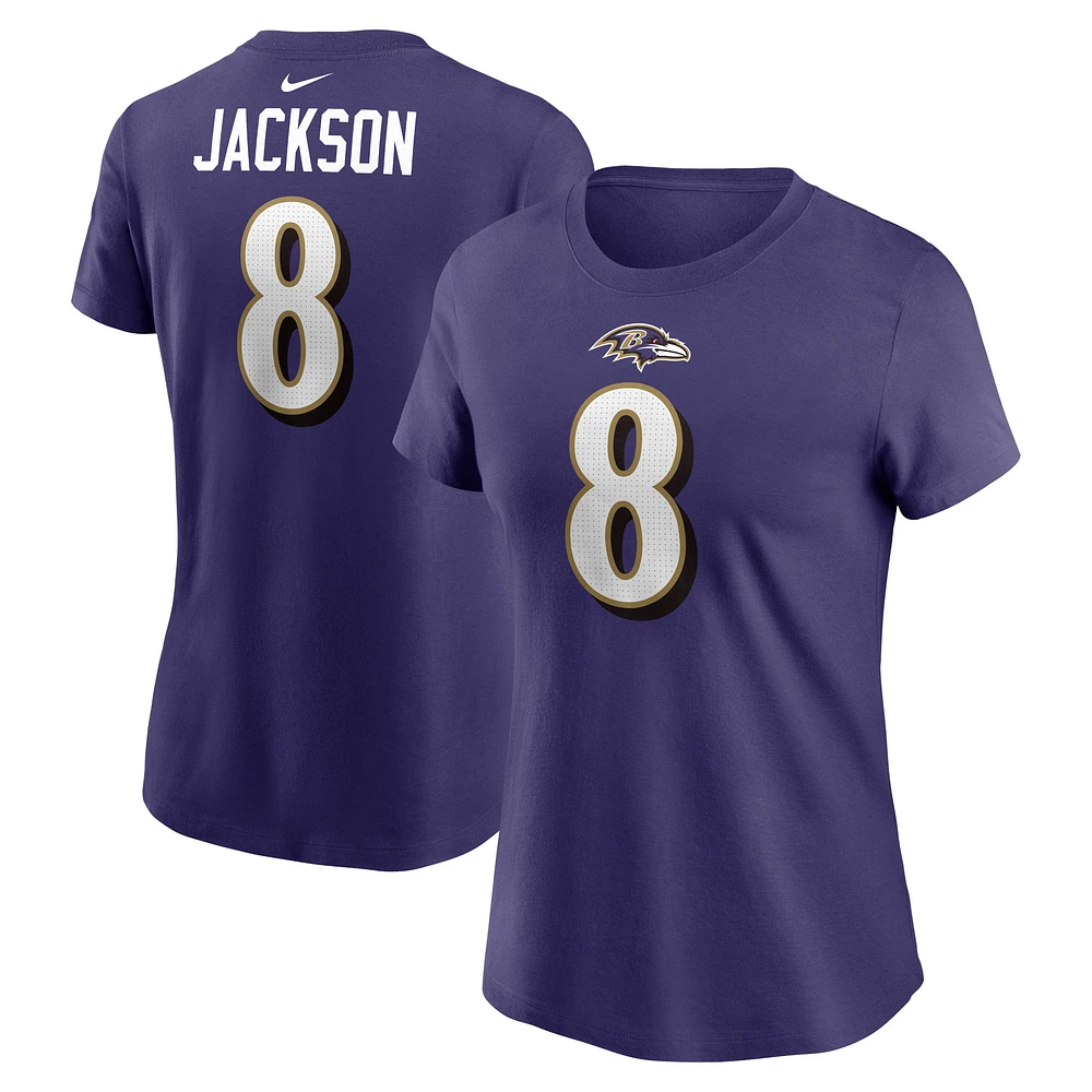 T-shirt avec nom et numéro de joueur Nike Lamar Jackson violet Baltimore Ravens pour femme