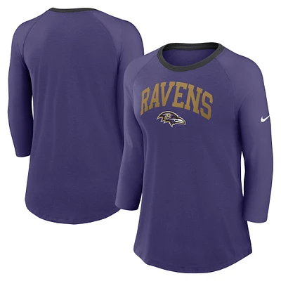 T-shirt raglan à manches 3/4 Nike violet Baltimore Ravens pour femme