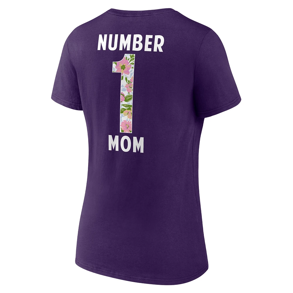 Women's Purple Baltimore Ravens Number 1 Mom Floral V-Neck T-Shirt