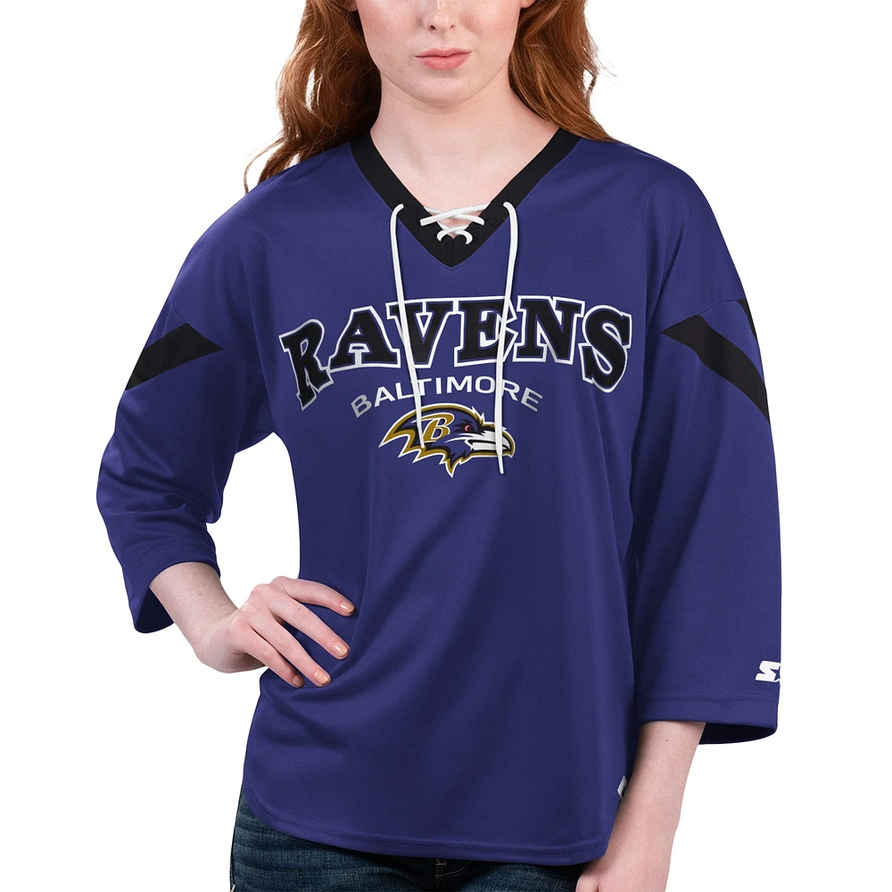 Women's Starter Purple Baltimore Ravens Rally Lace-Up 3/4 Sleeve T-Shirt