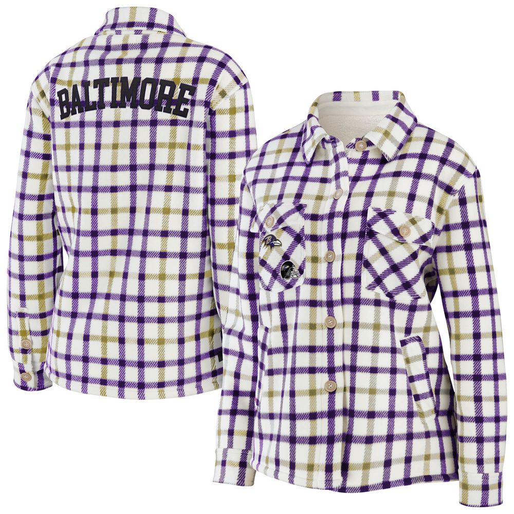WEAR by Erin Andrews Women's WEAR by Erin Andrews Oatmeal/Purple Baltimore Ravens  Plaid Button-Up Shirt Jacket