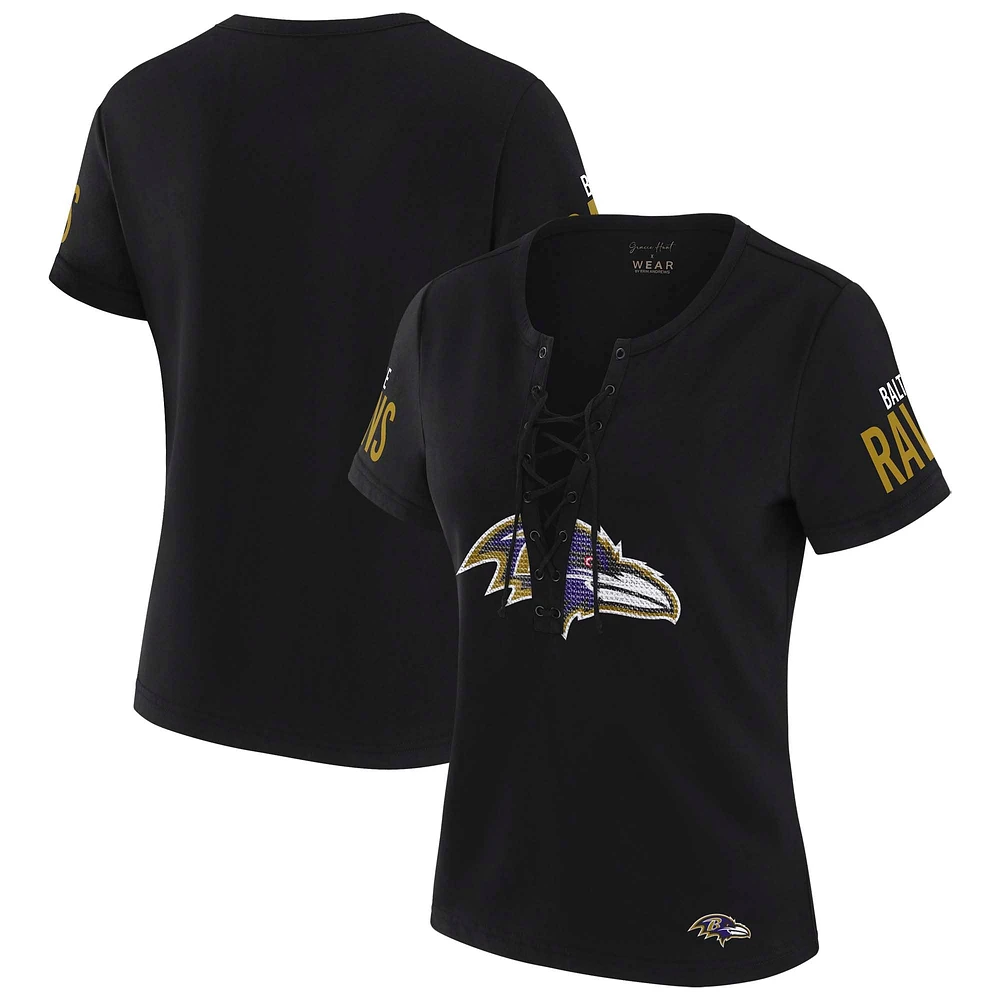 T-shirt à lacets noir Draft Me des Baltimore Ravens pour femme WEAR by Erin Andrews x Gracie Hunt