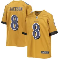 Maillot de jeu d'équipe inversé Nike Lamar Jackson doré pour jeunes Ravens Baltimore