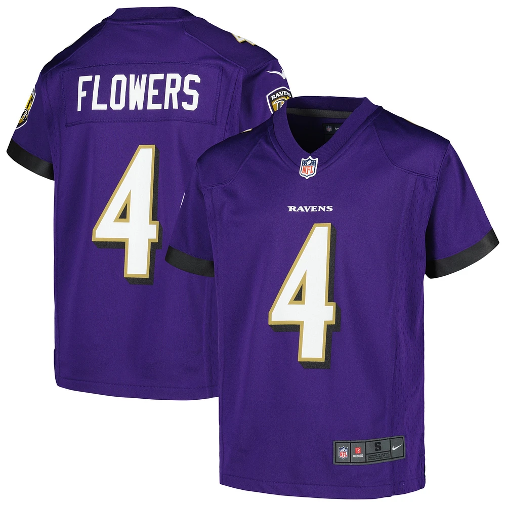 Maillot de jeu Nike Zay Flowers Violet Baltimore Ravens pour jeune