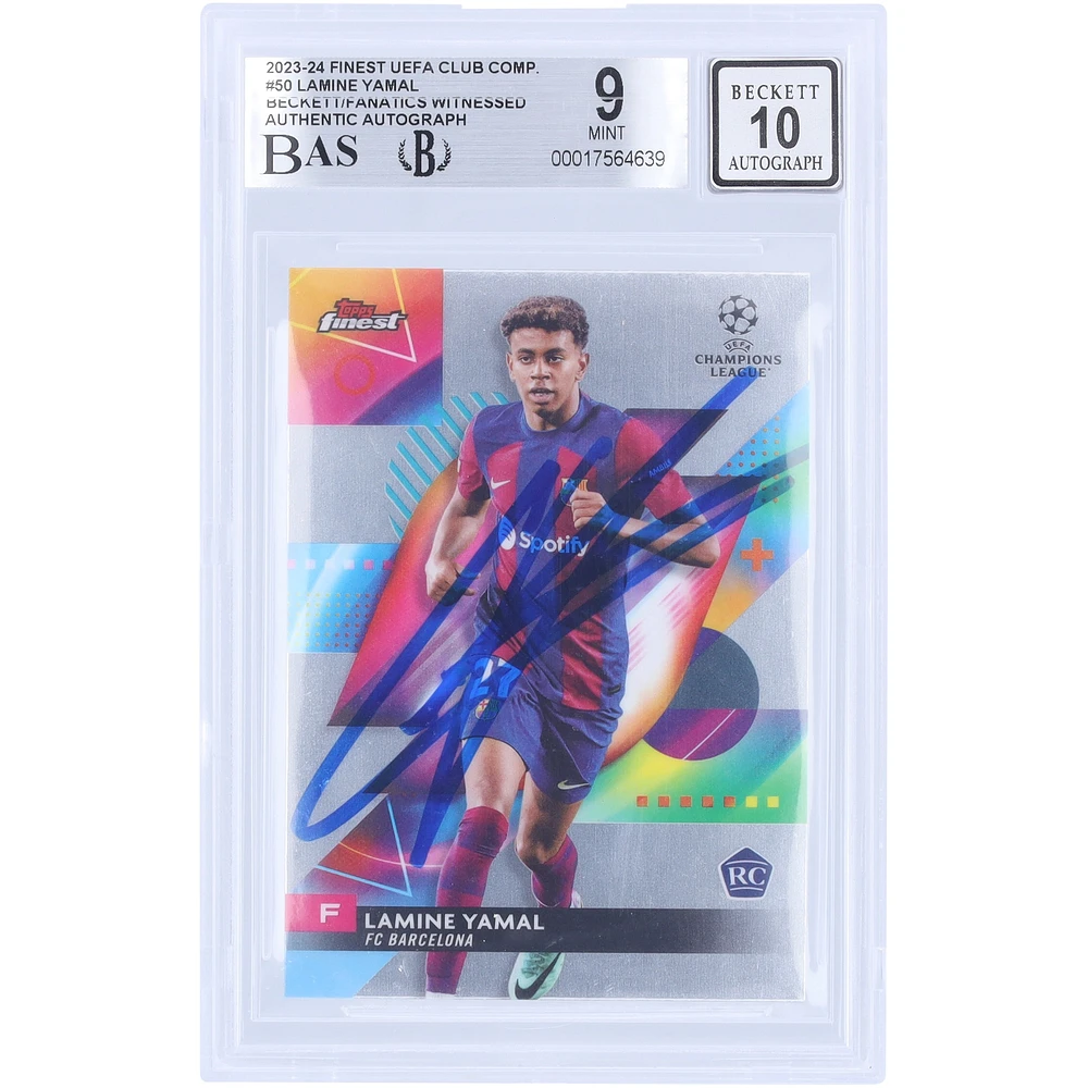 Lamine Yamal Barcelona Autographed 2023-24 Topps Finest UEFA Club Competition #50 Beckett Fanatics Witnessed Authenticated 9/10 Rookie Card